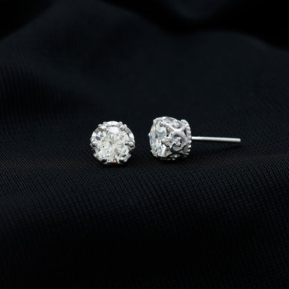 1.97 Carat Round Shape Moissanite Stud Earrings in Crown Setting