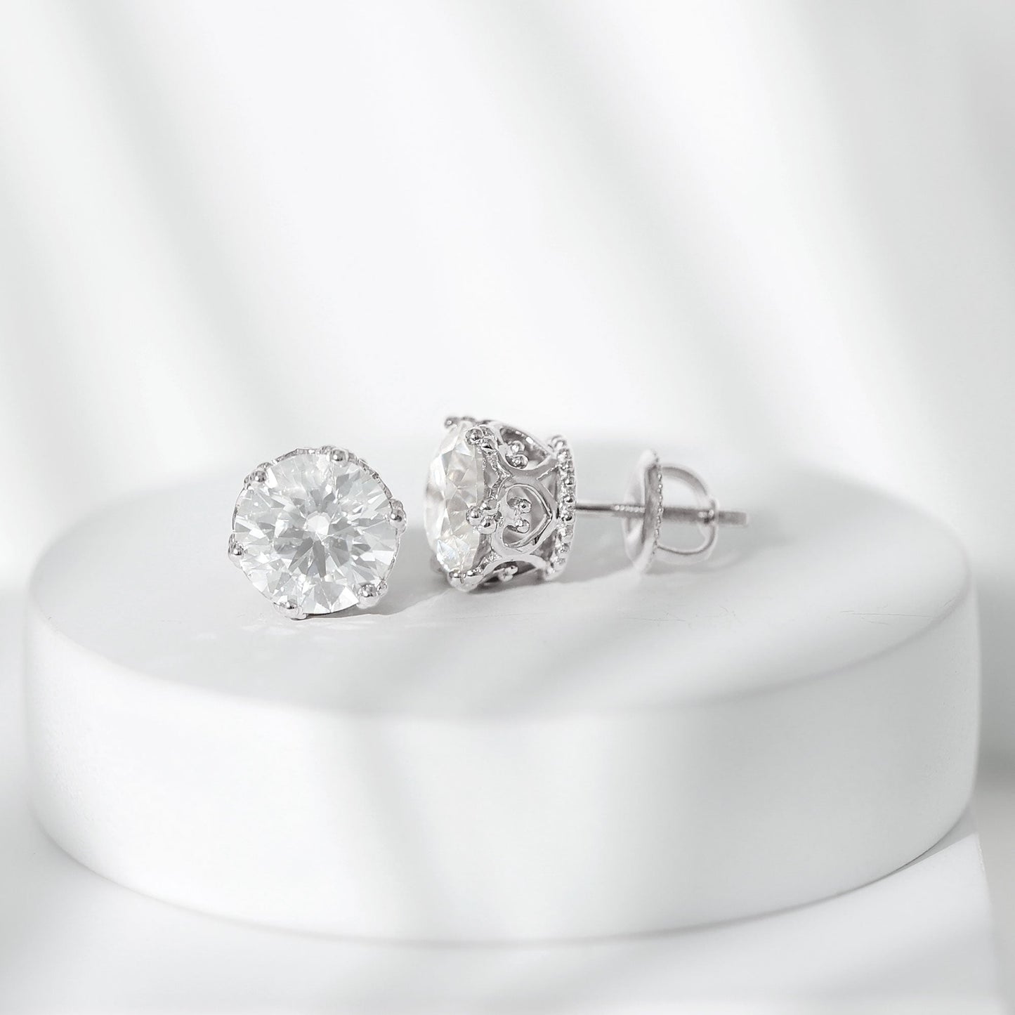 1.97 Carat Round Shape Moissanite Stud Earrings in Crown Setting