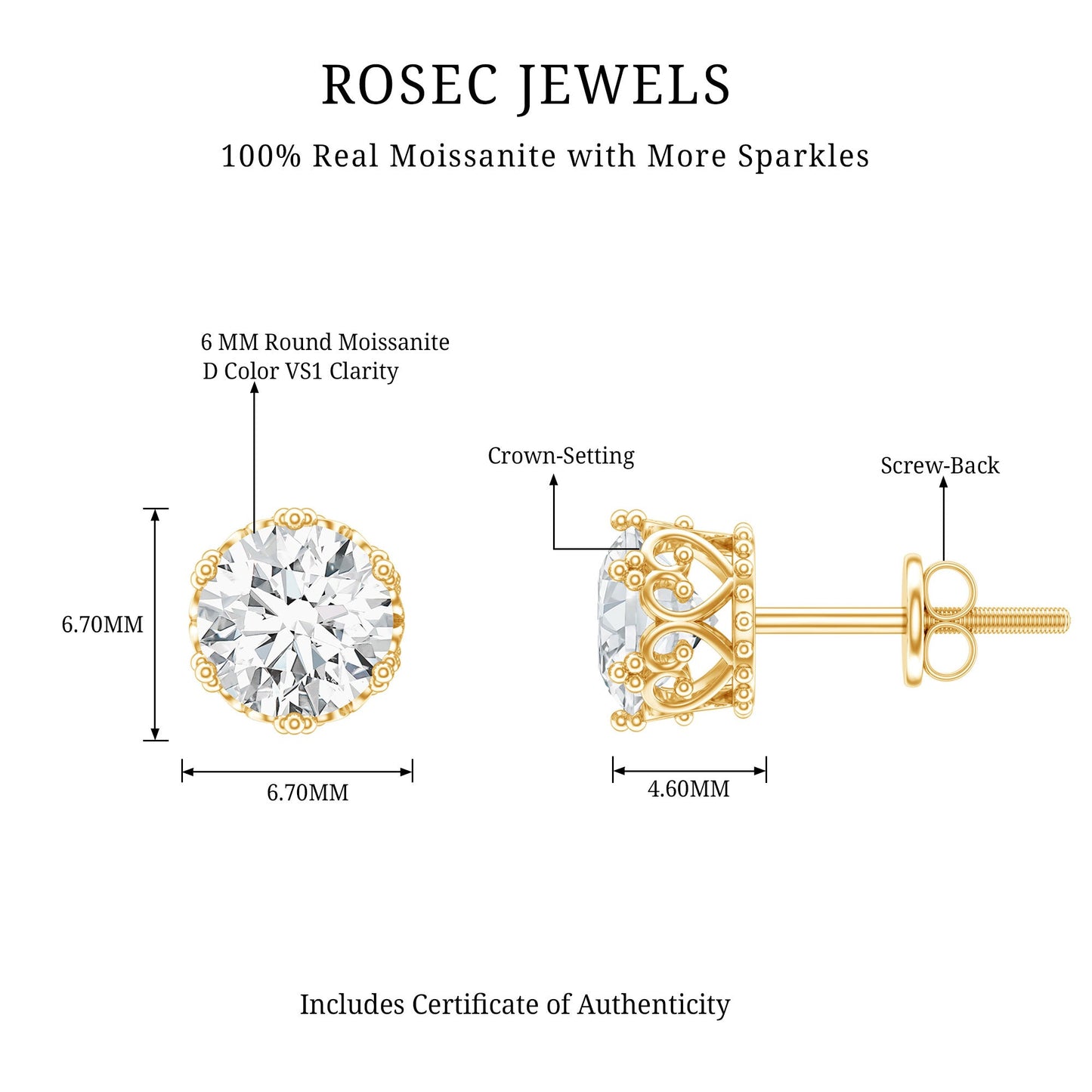 1.97 Carat Round Shape Moissanite Stud Earrings in Crown Setting