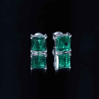 4 Carat Princess Cut Lab Grown Emerald Solitaire Stud Earrings
