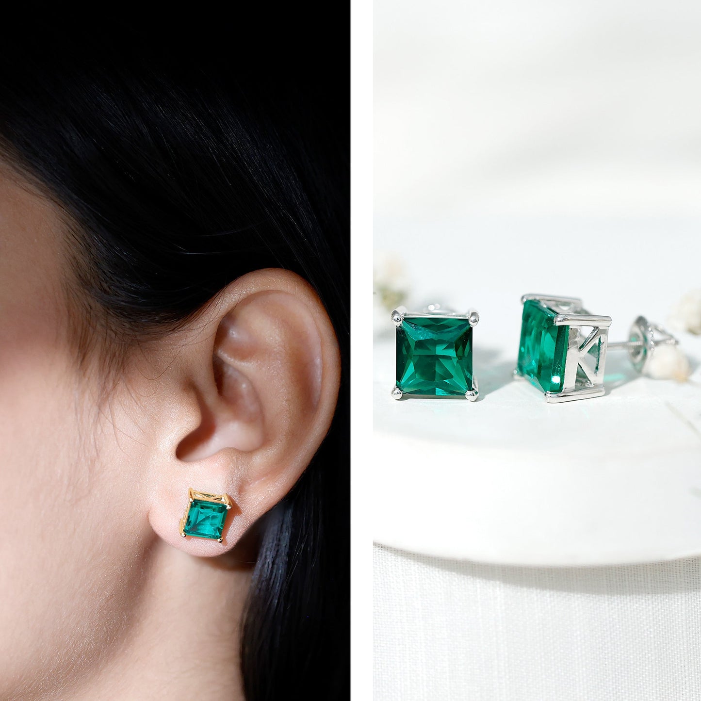 4 Carat Princess Cut Lab Grown Emerald Solitaire Stud Earrings