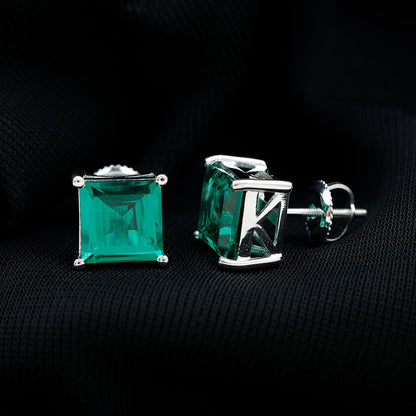 4 Carat Princess Cut Lab Grown Emerald Solitaire Stud Earrings