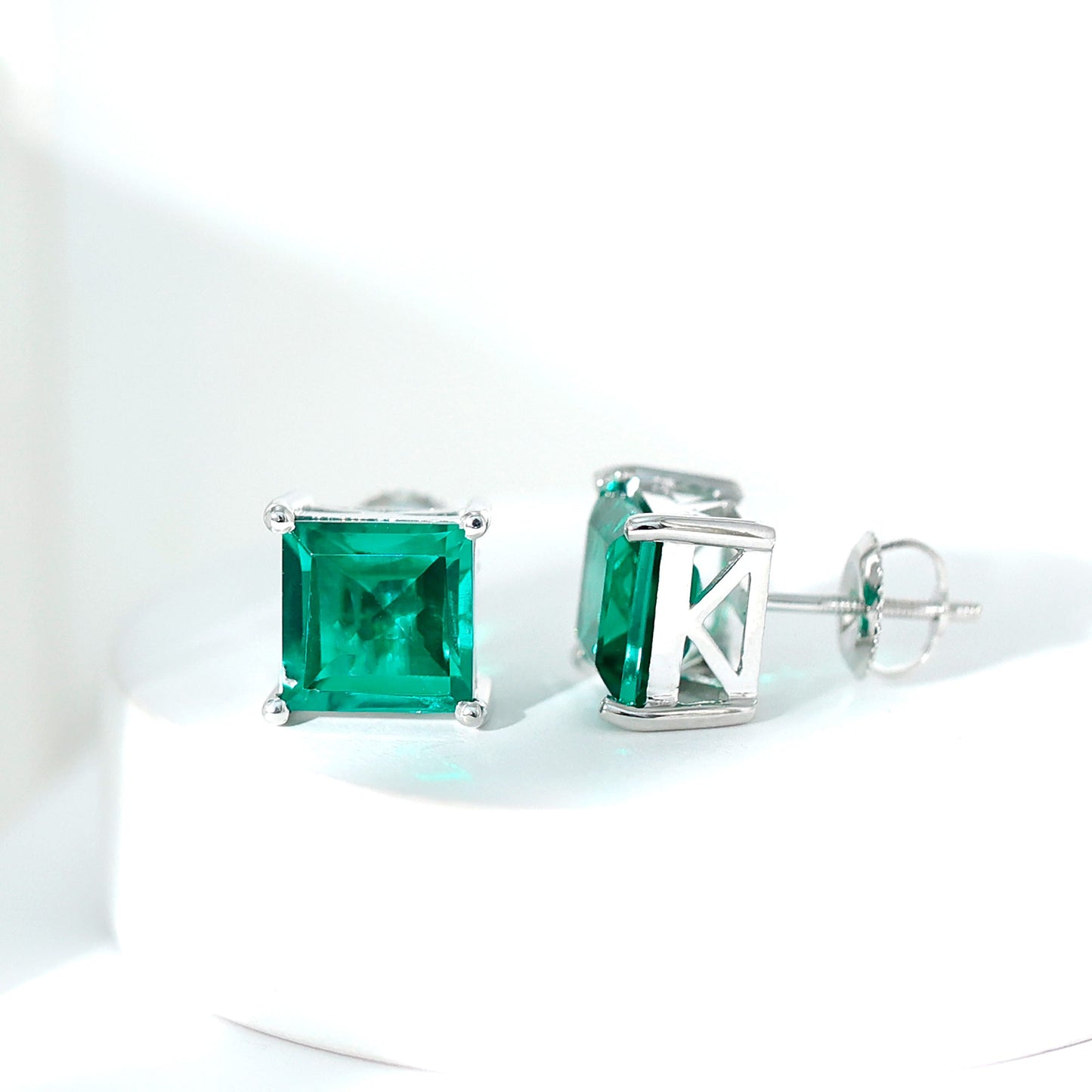 4 Carat Princess Cut Lab Grown Emerald Solitaire Stud Earrings