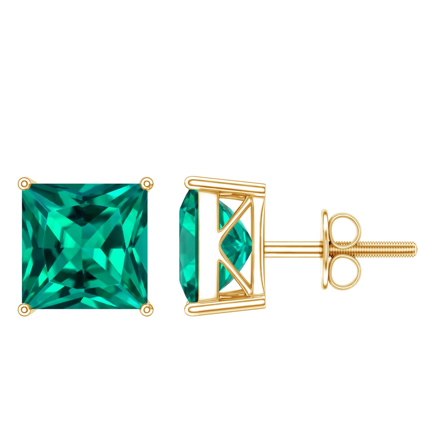 4 Carat Princess Cut Lab Grown Emerald Solitaire Stud Earrings
