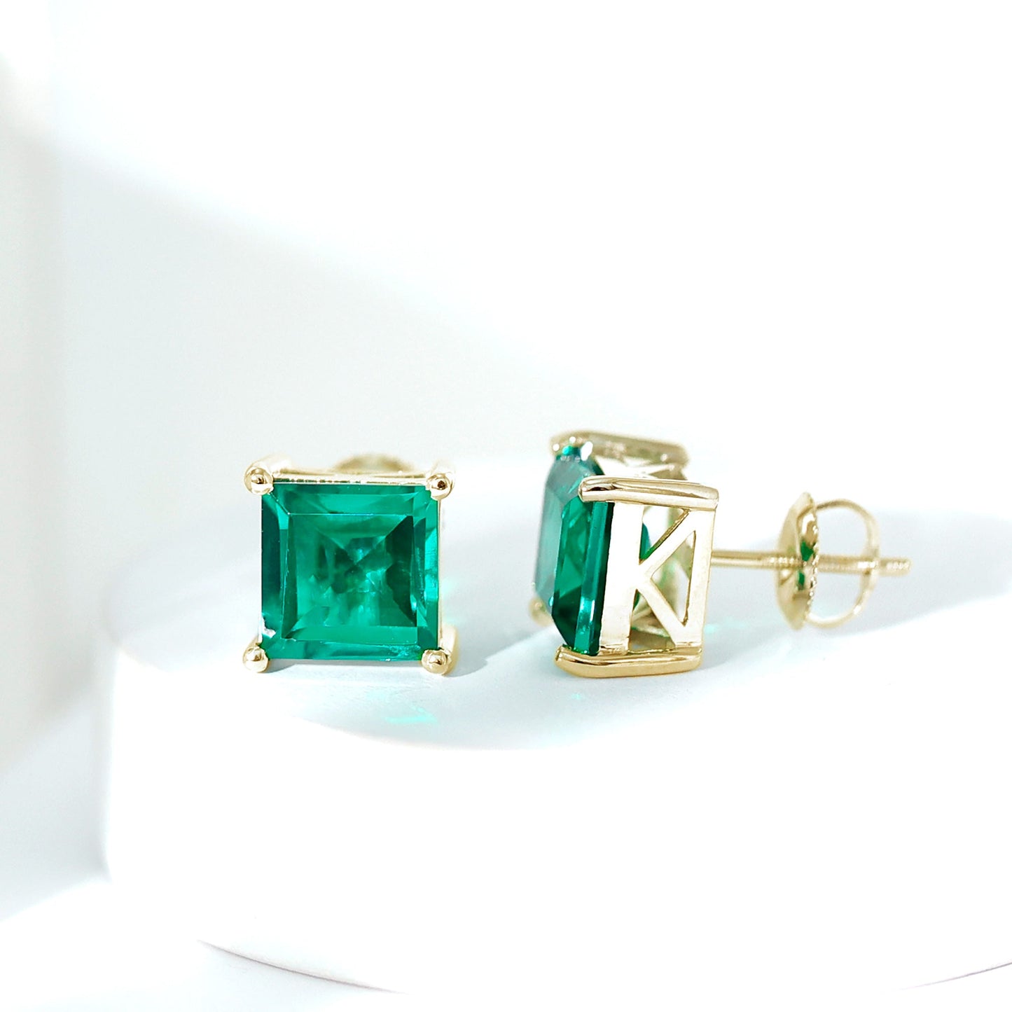 4 Carat Princess Cut Lab Grown Emerald Solitaire Stud Earrings