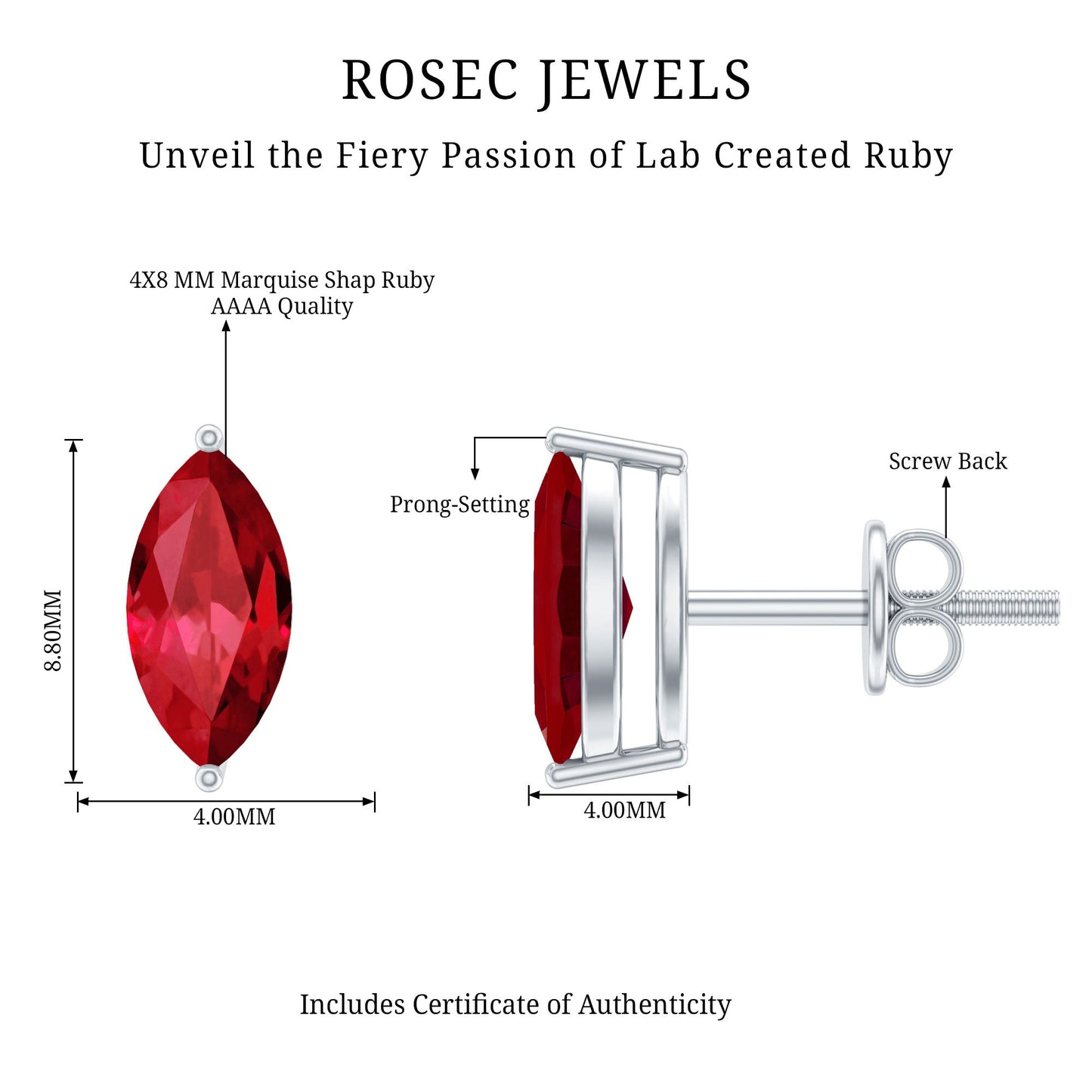 1.5 Carat Marquise Cut Lab Grown Ruby Stud Earrings