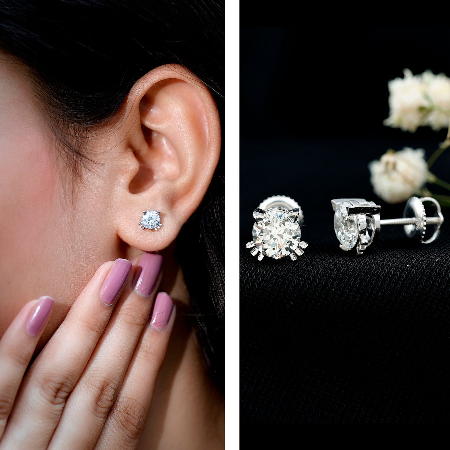 Dainty Round Shape Moissanite Cat Stud Earrings
