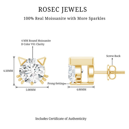 Dainty Round Shape Moissanite Cat Stud Earrings