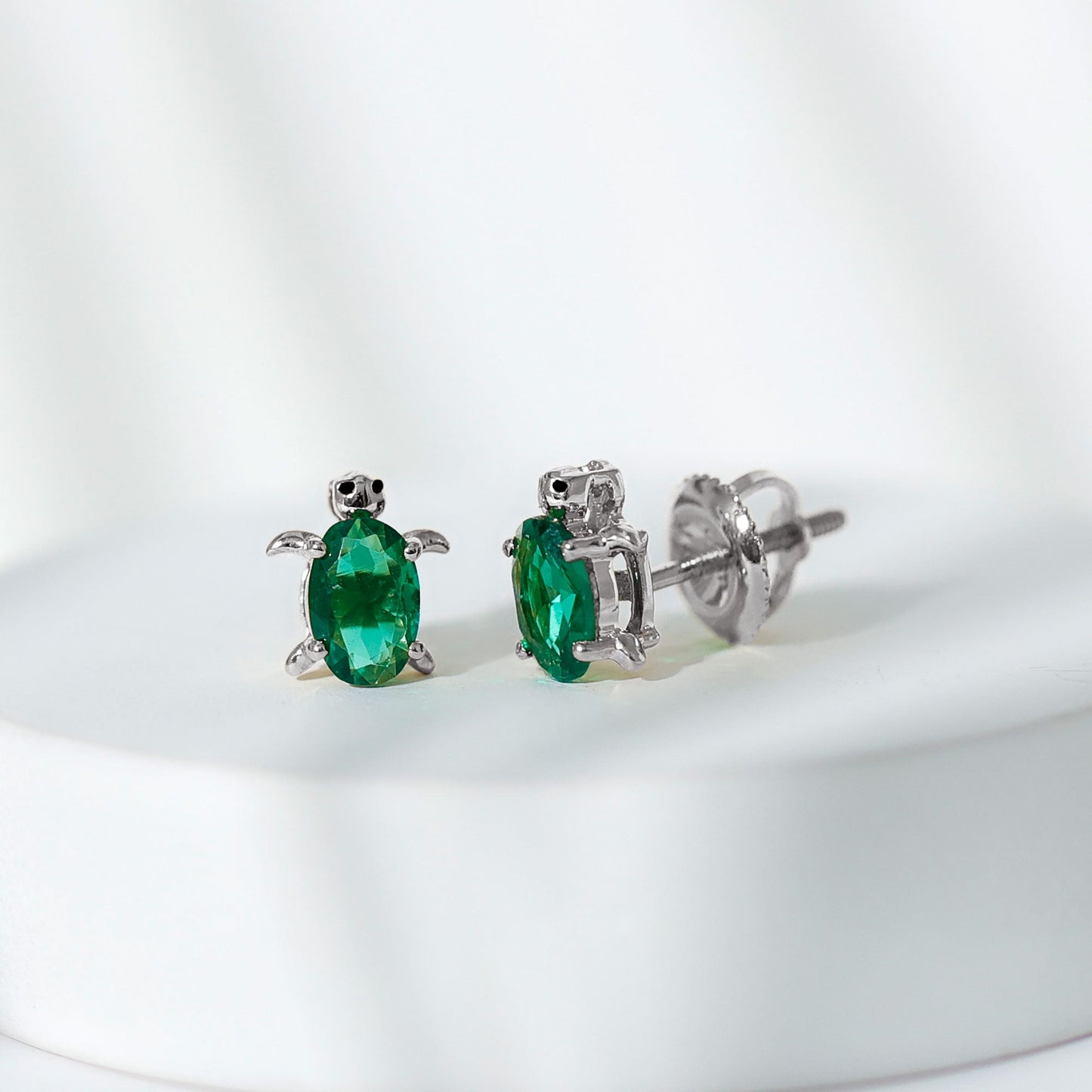 1 Carat Oval Shape Lab Created Emerald Cute Turtle Stud Earrings