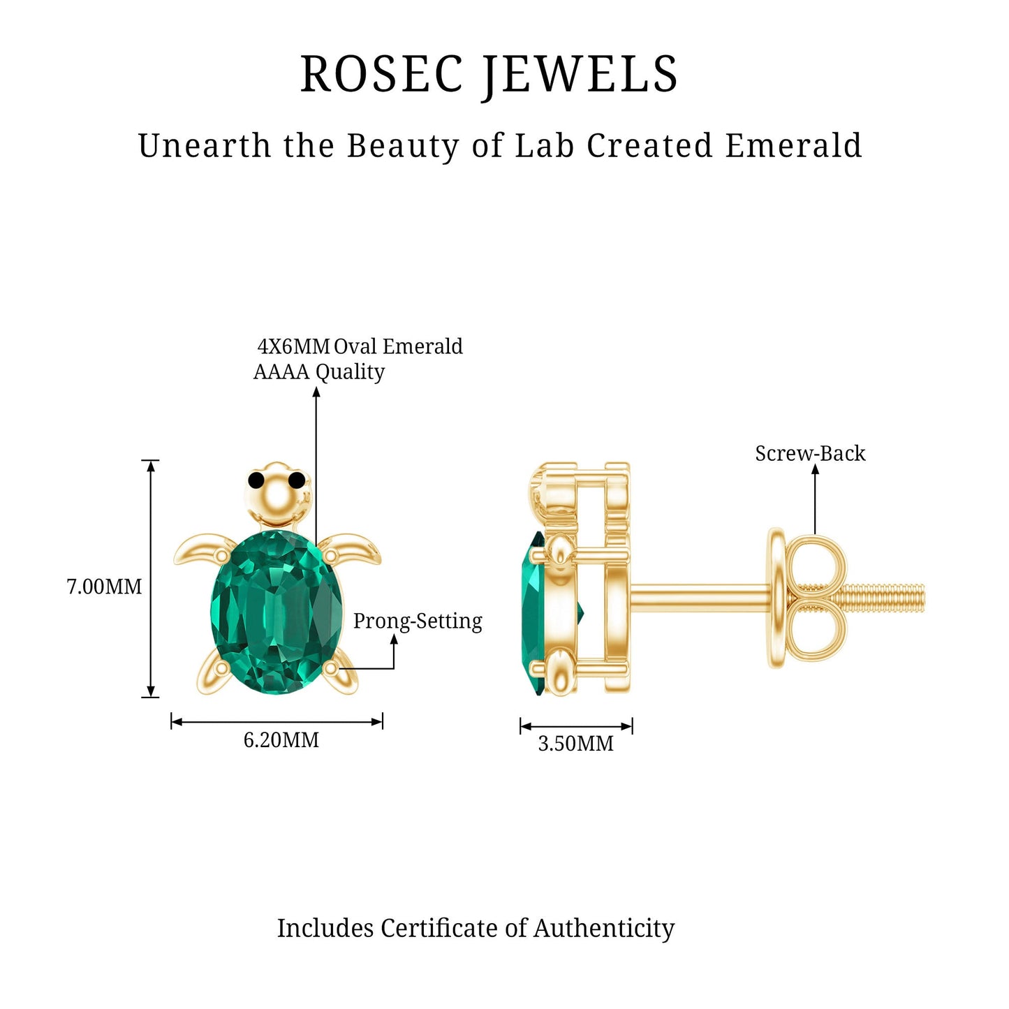 1 Carat Oval Shape Lab Created Emerald Cute Turtle Stud Earrings