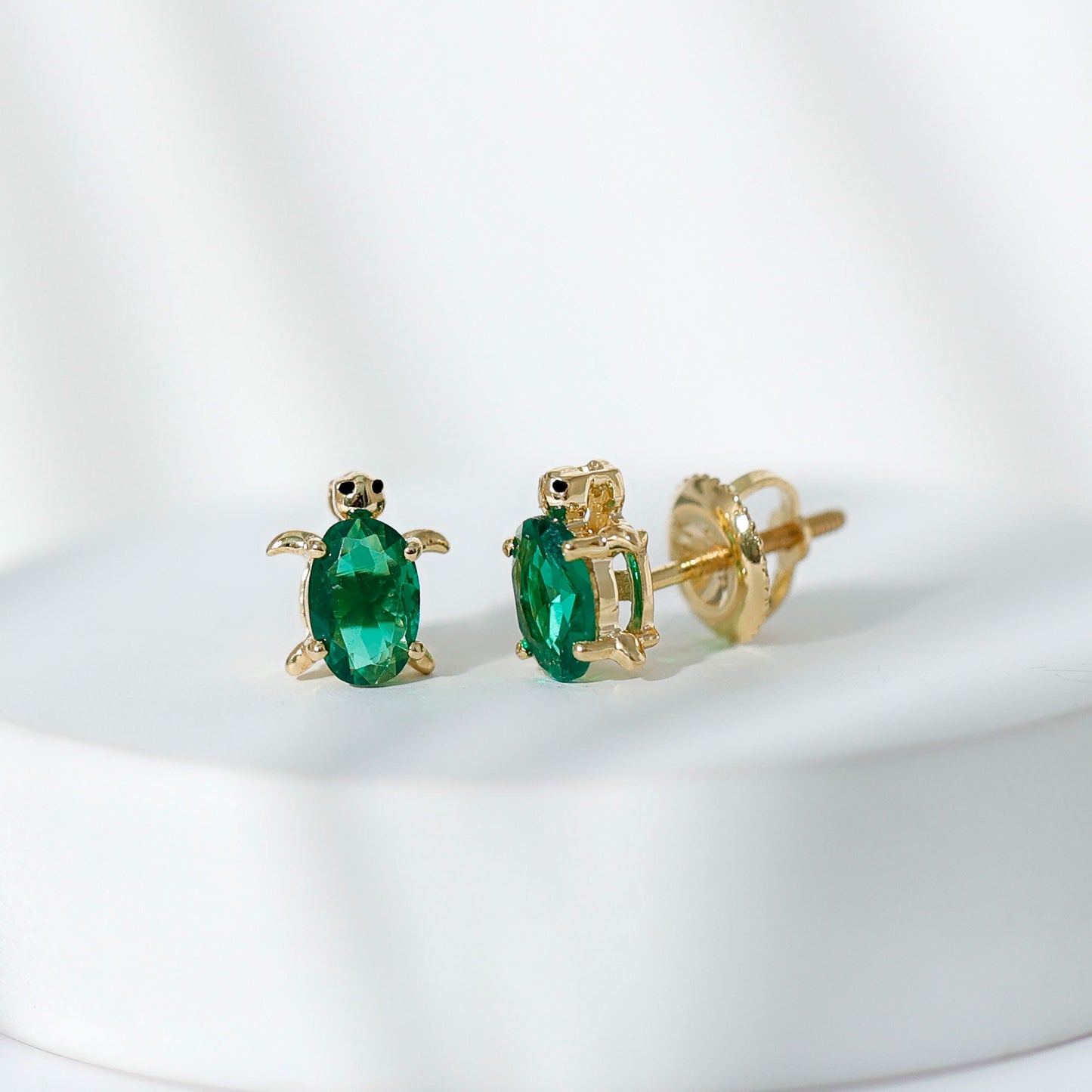 1 Carat Oval Shape Lab Created Emerald Cute Turtle Stud Earrings