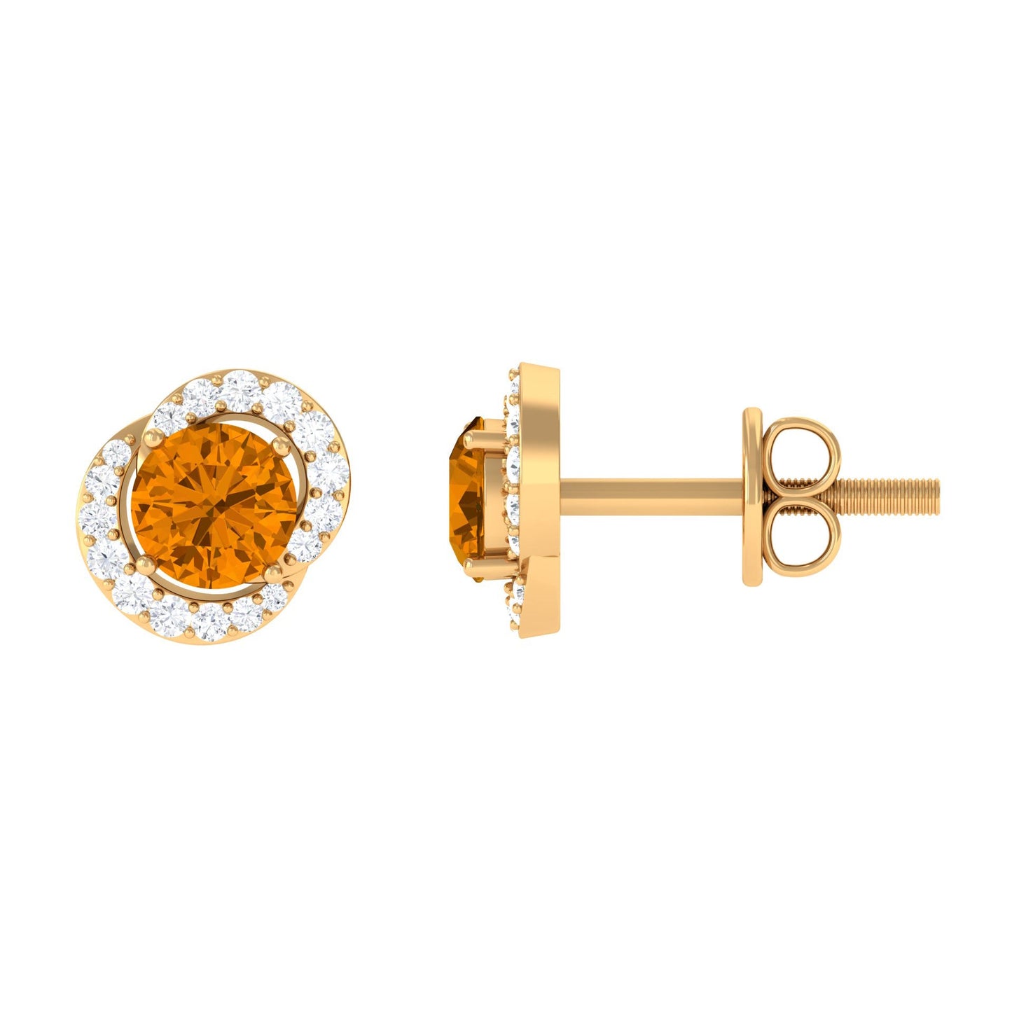 Round Citrine and Diamond Stud Earrings