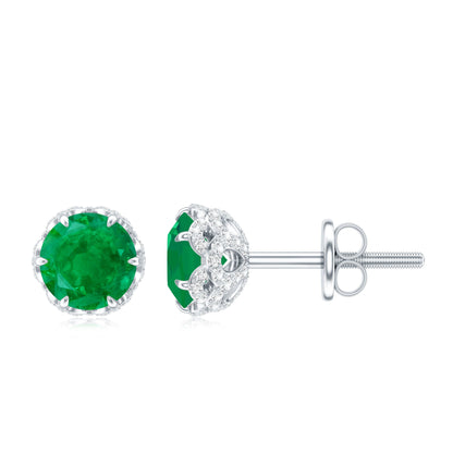 Designer Emerald Diamond Stud Earrings with Screw Back