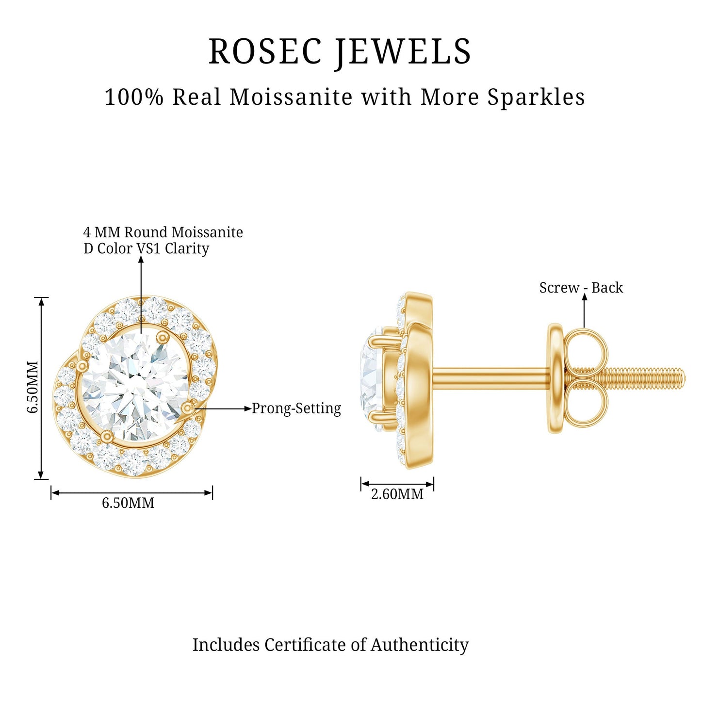 Certified Moissanite Everyday Stud Earrings with Screw Back