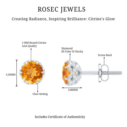 Designer Citrine Diamond Stud Earrings with Screw Back