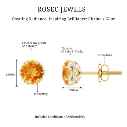 Designer Citrine Diamond Stud Earrings with Screw Back