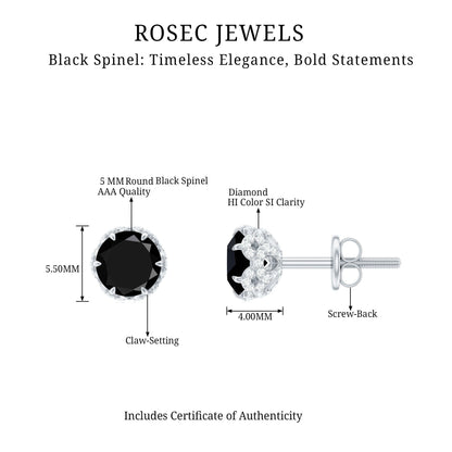 0.9 Carat Black Spinel Stud Earrings with Diamond Accent