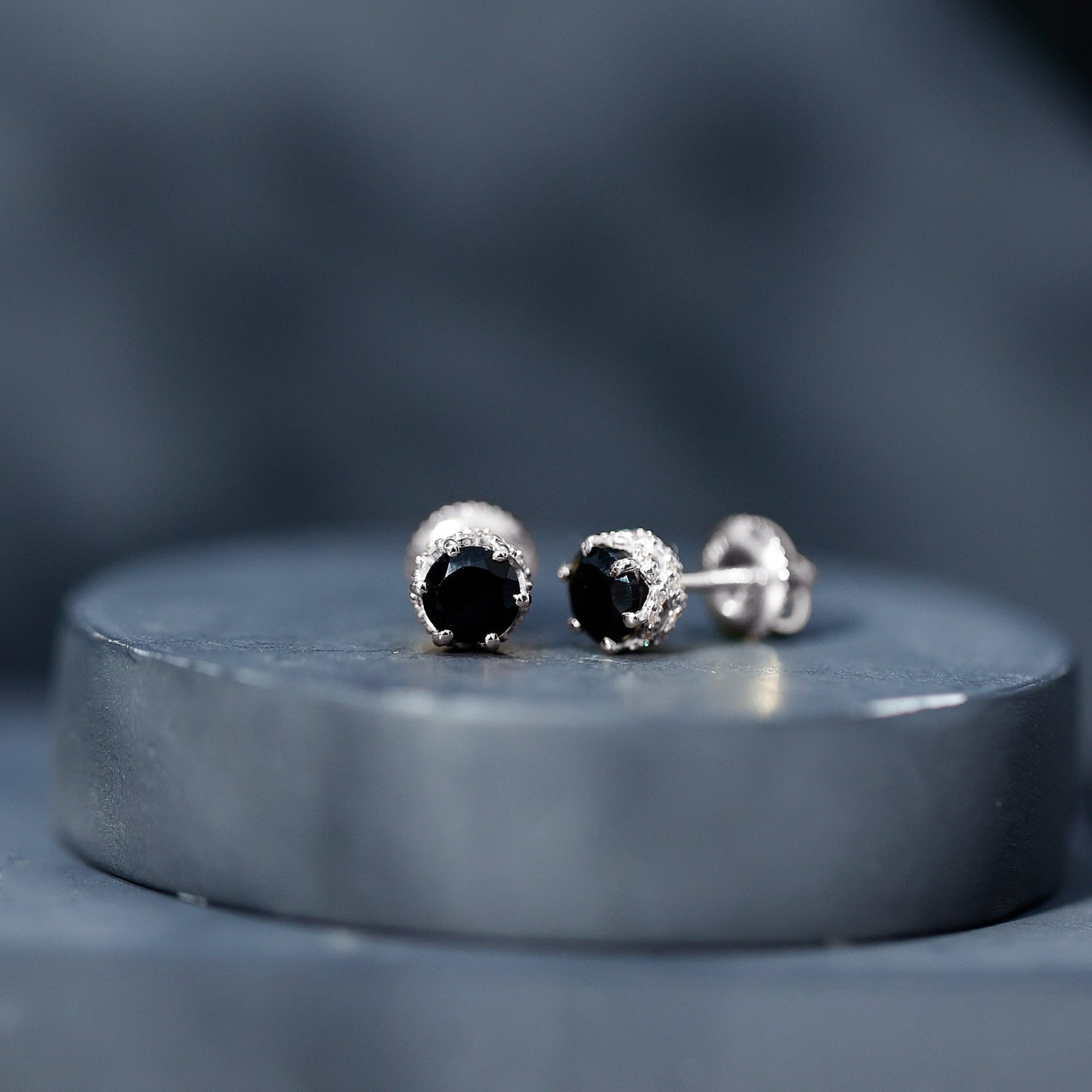 0.9 Carat Black Spinel Stud Earrings with Diamond Accent