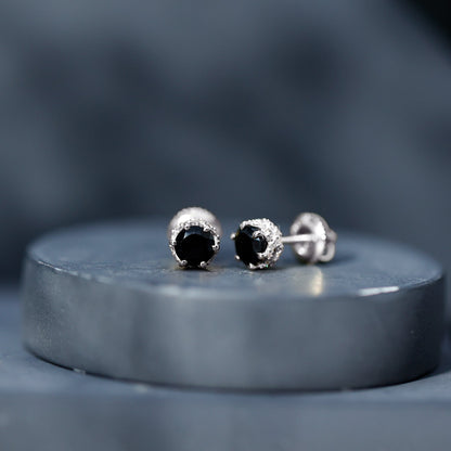 0.9 Carat Black Spinel Stud Earrings with Diamond Accent