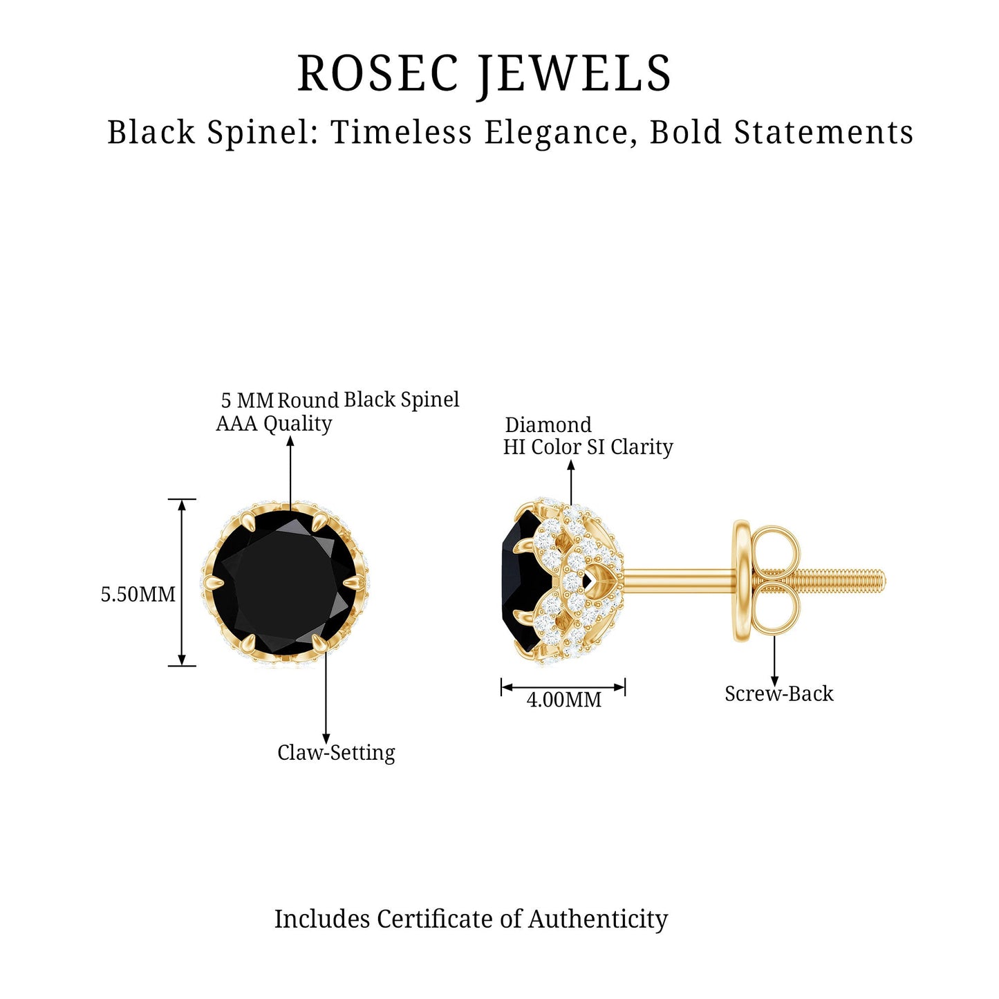 0.9 Carat Black Spinel Stud Earrings with Diamond Accent