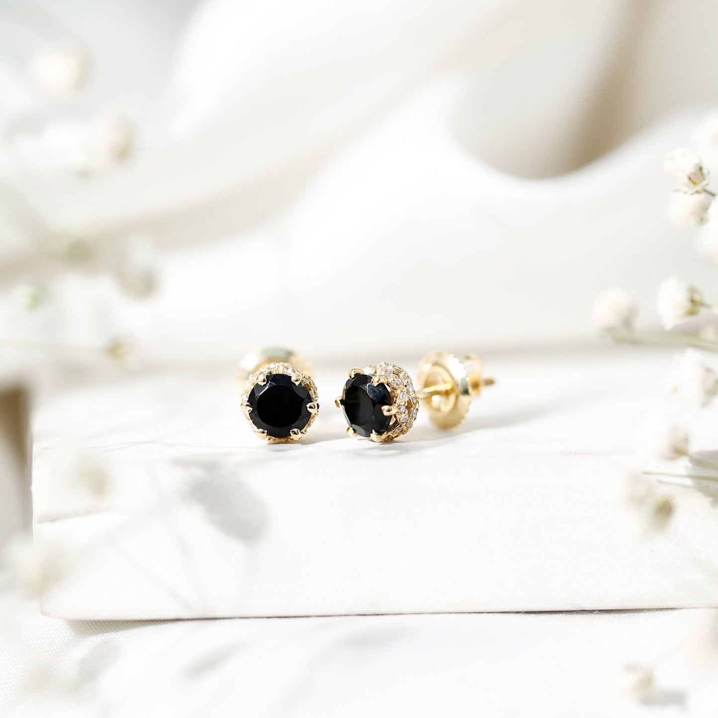 0.9 Carat Black Spinel Stud Earrings with Diamond Accent