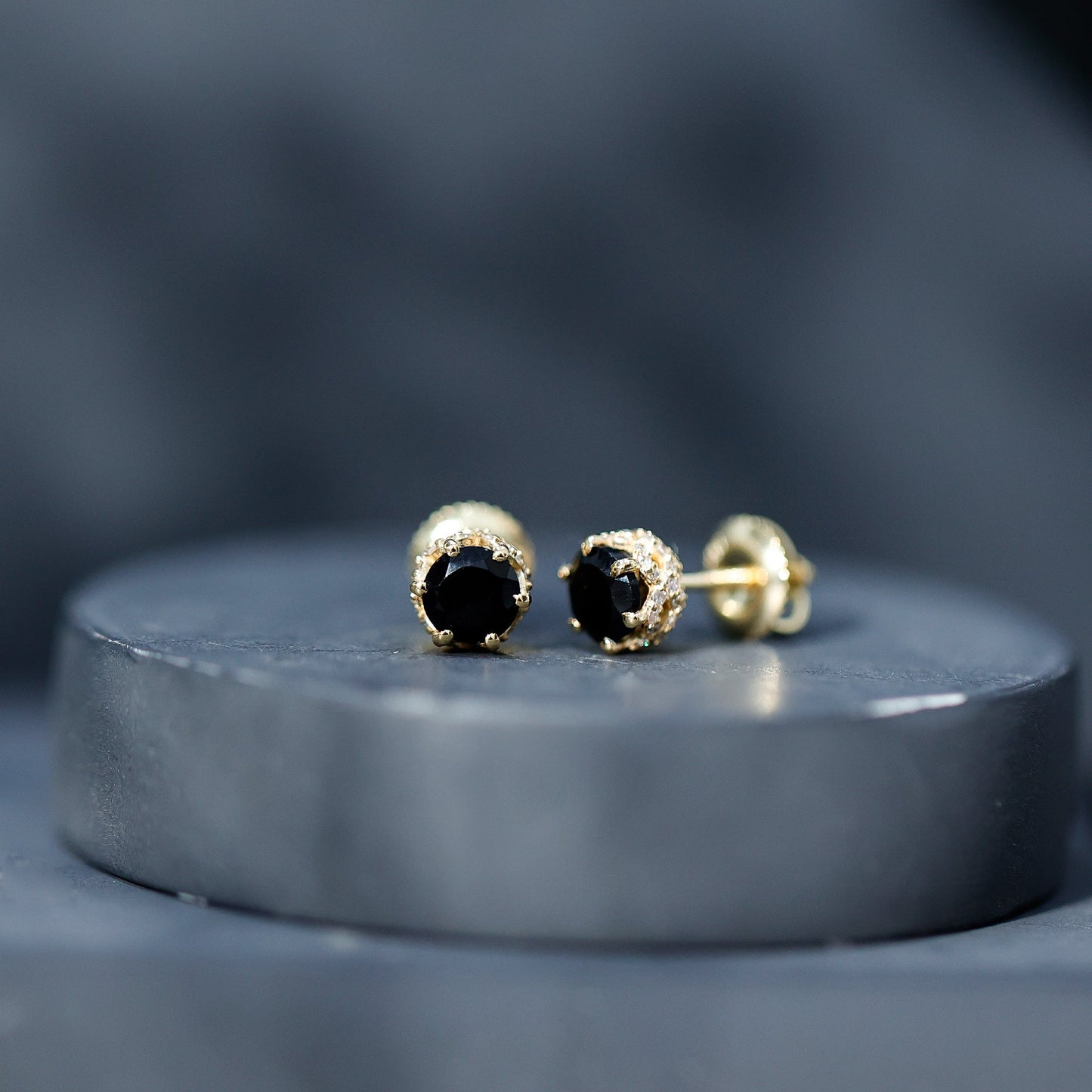 0.9 Carat Black Spinel Stud Earrings with Diamond Accent