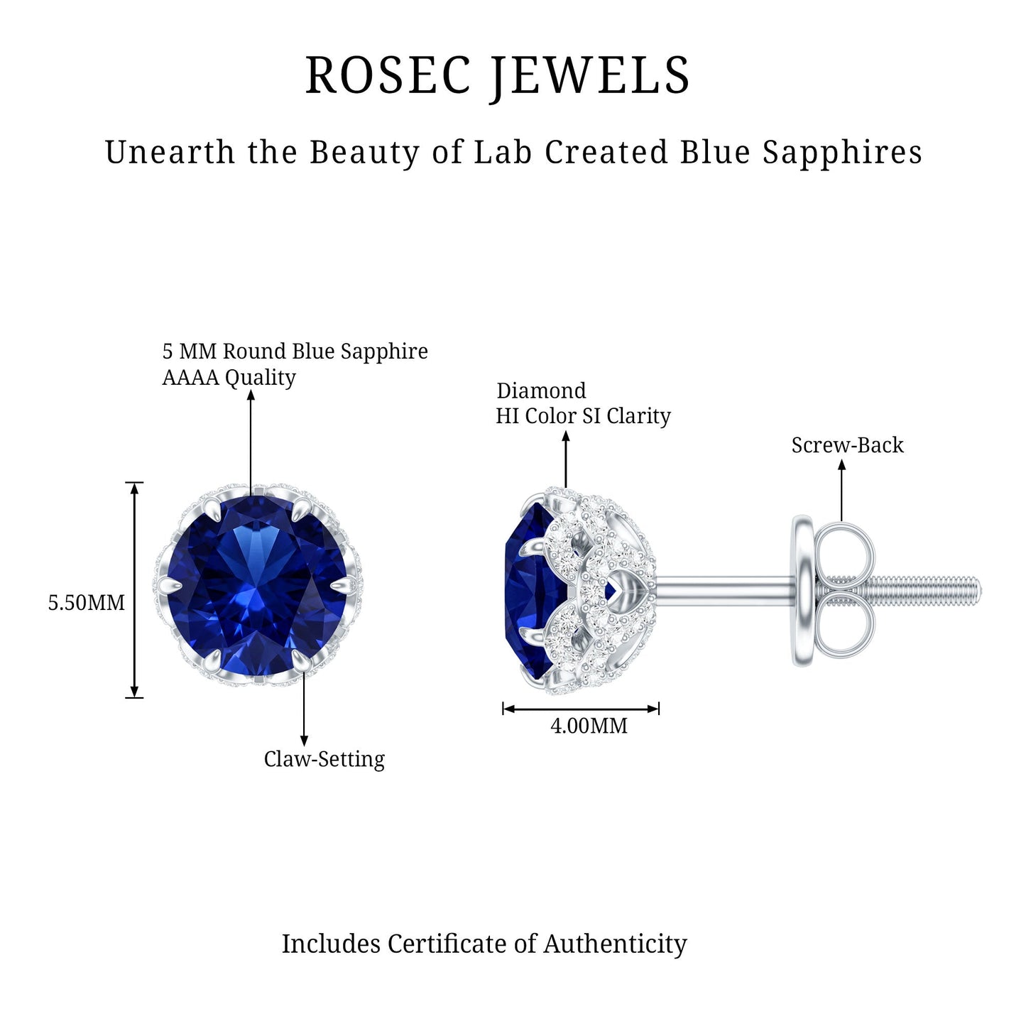 Solitaire Lab Created Blue Sapphire Stud Earrings with Diamonds