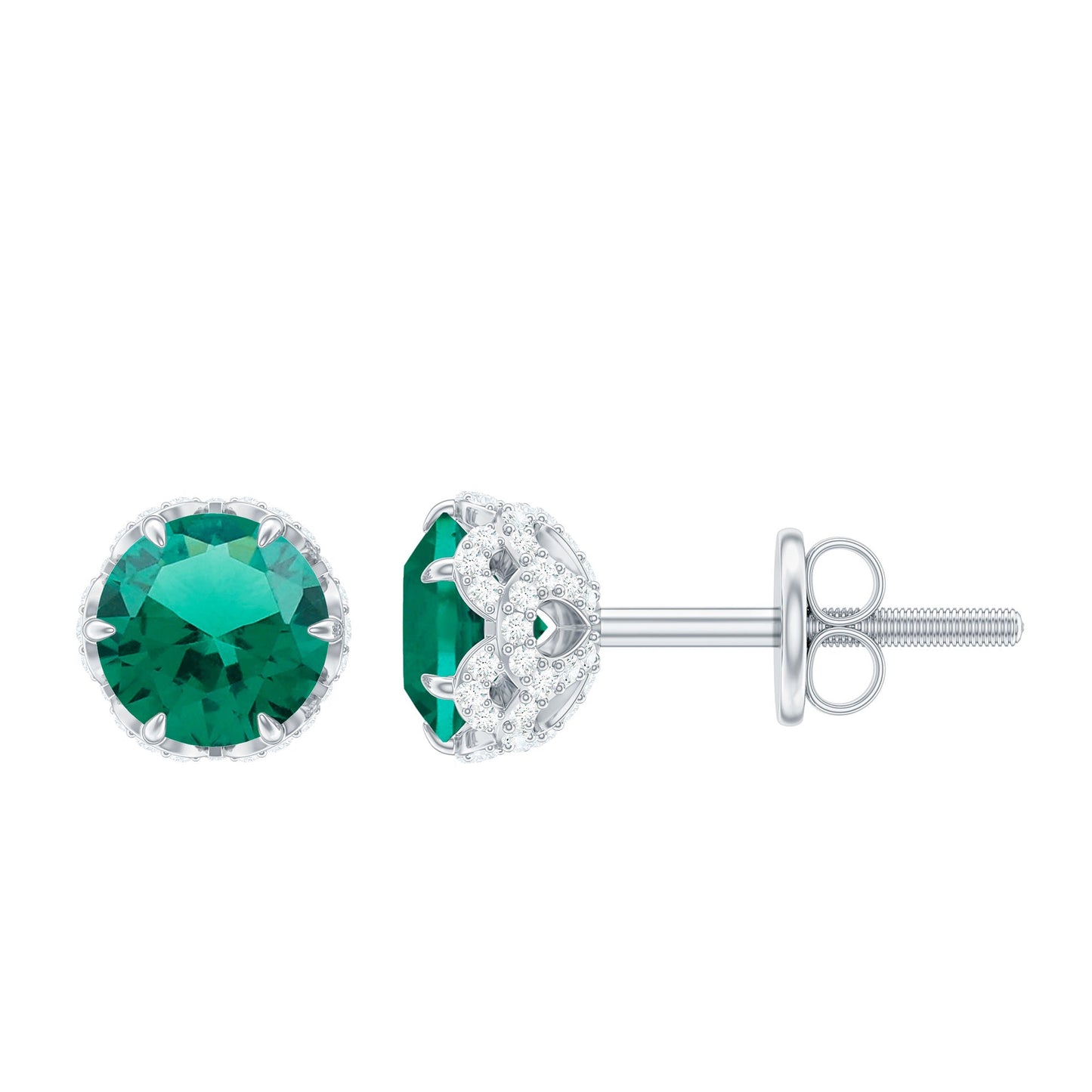 Round Lab Created Emerald Stud Earrings with Diamonds