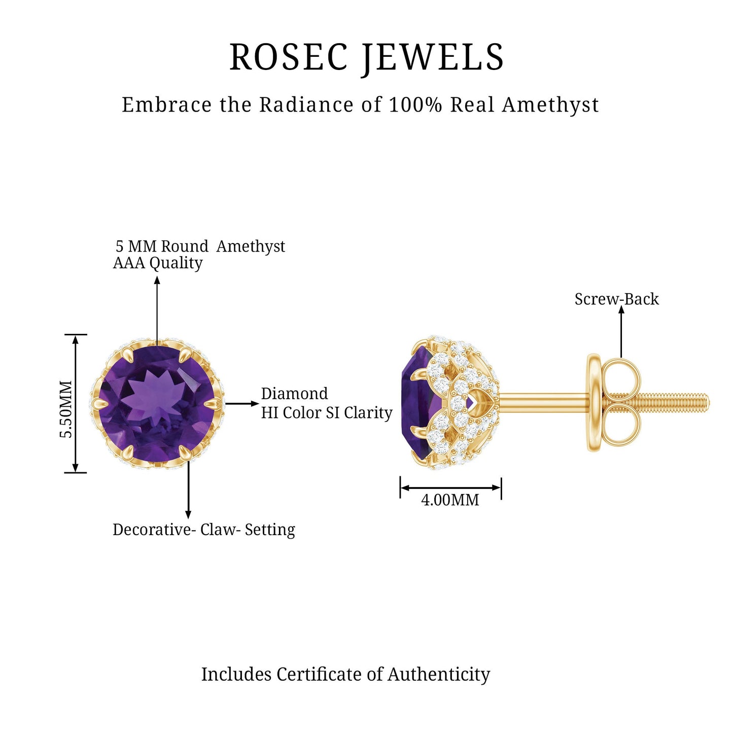 Natural Amethyst Stud Earrings with Diamond
