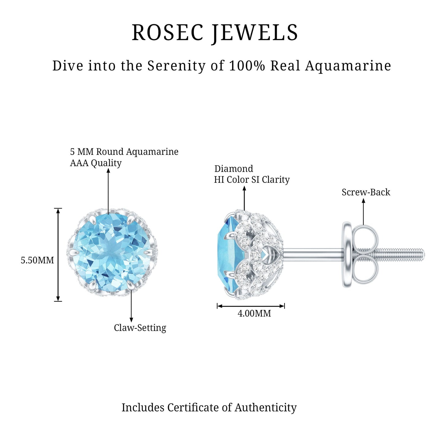 Natural Aquamarine Diamond Floral Stud Earrings with Screw Back