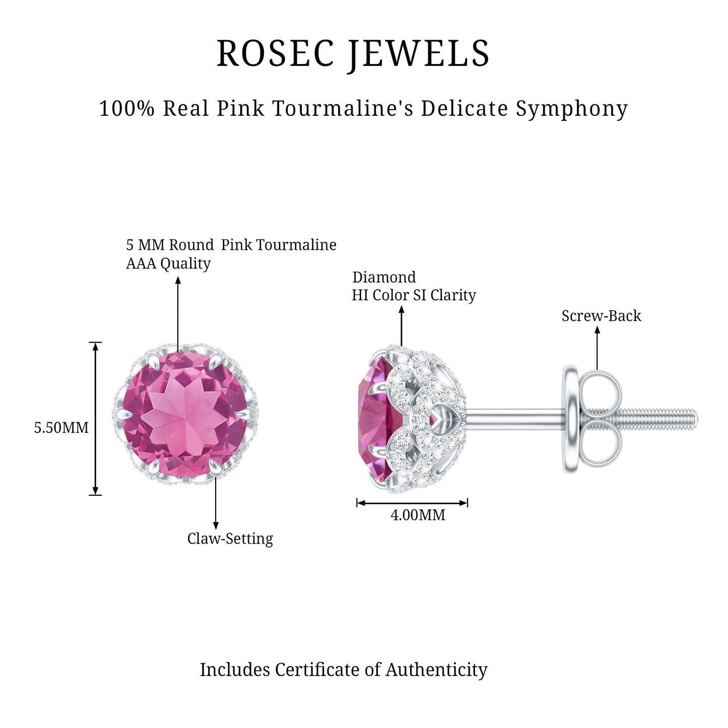 Designer 0.9 Carat Pink Tourmaline Stud Earrings with Diamond