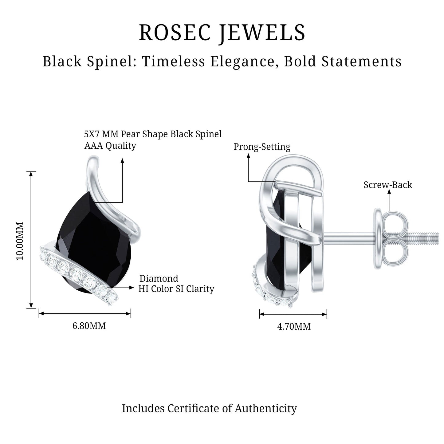 1.2 Carat Natural Black Spinel Teardrop Stud Earrings with Diamond