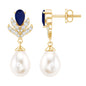 Freshwater Pearl and Blue Sapphire Teardrop Earrings with Moissanite