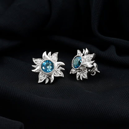 London Blue Topaz and Diamond Flower Stud Earrings