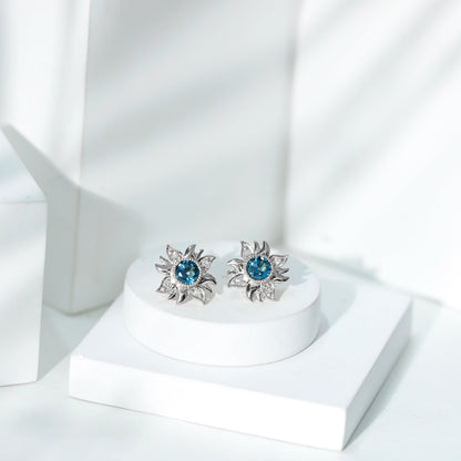 London Blue Topaz and Diamond Flower Stud Earrings