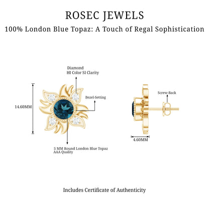 London Blue Topaz and Diamond Flower Stud Earrings