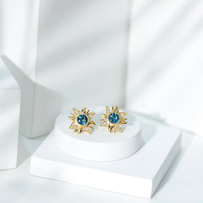 London Blue Topaz and Diamond Flower Stud Earrings