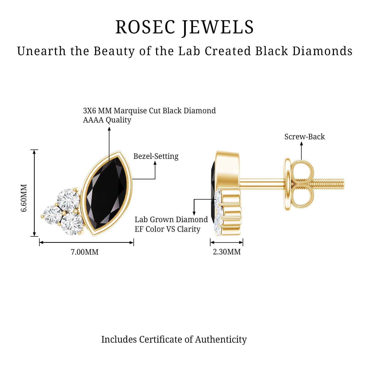 Marquise Shape 0.7 Carat Lab Grown Black and White Diamond Stud Earrings
