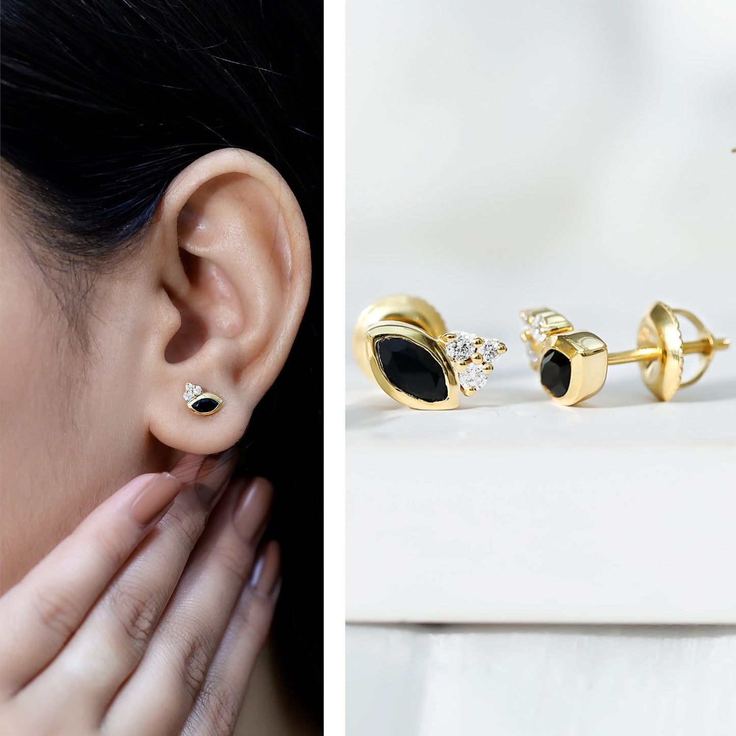 Marquise Shape 0.7 Carat Lab Grown Black and White Diamond Stud Earrings
