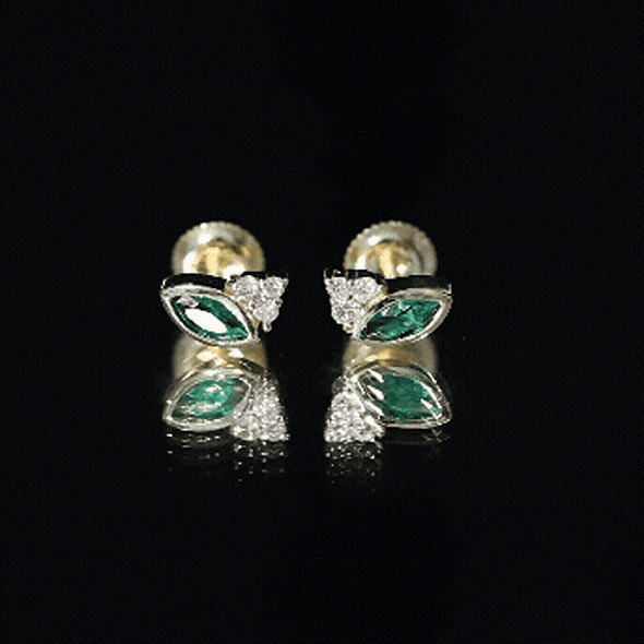 Marquise Shape 0.6 Carat Lab Grown Emerald Stud Earrings with Diamond Trio