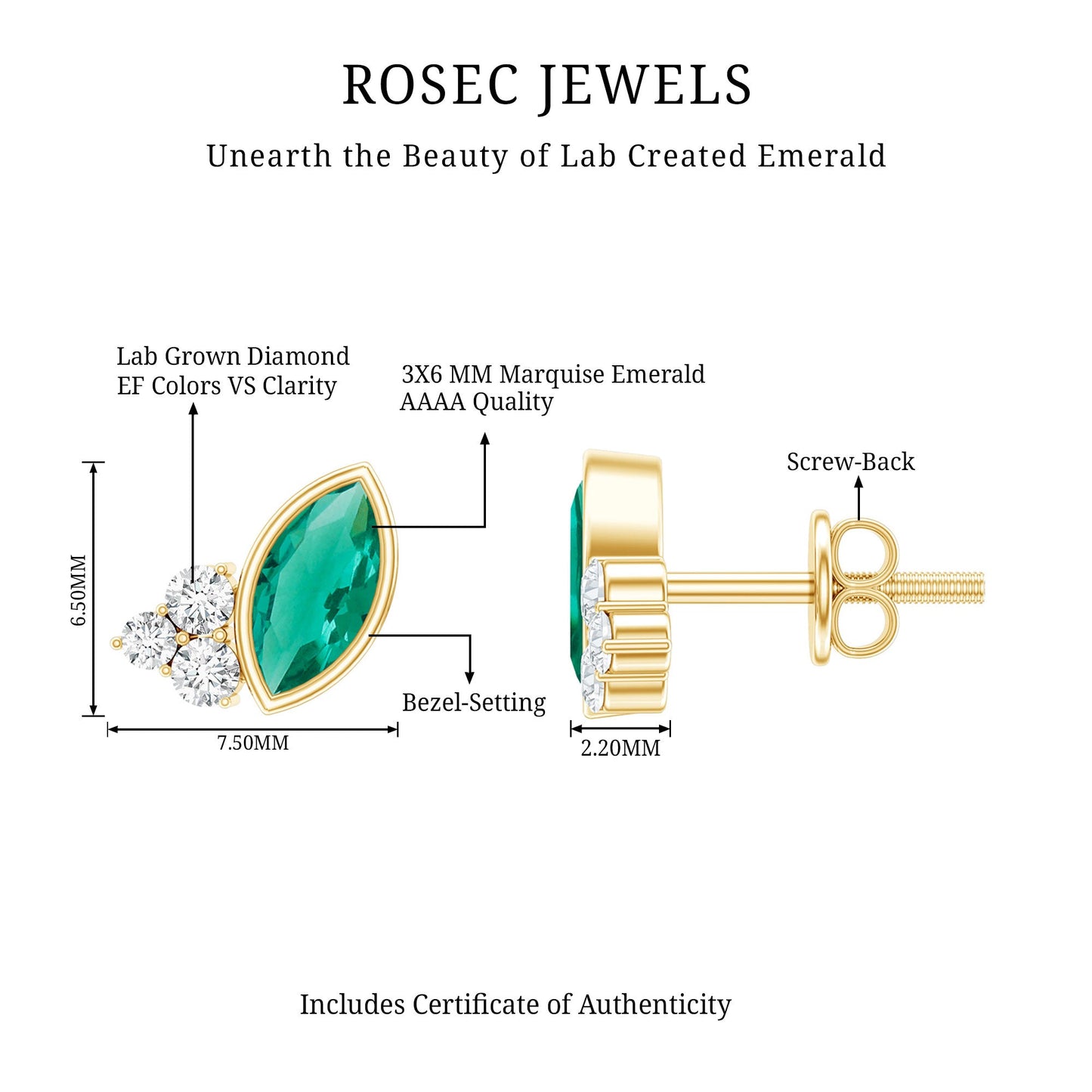 Marquise Shape 0.6 Carat Lab Grown Emerald Stud Earrings with Diamond Trio