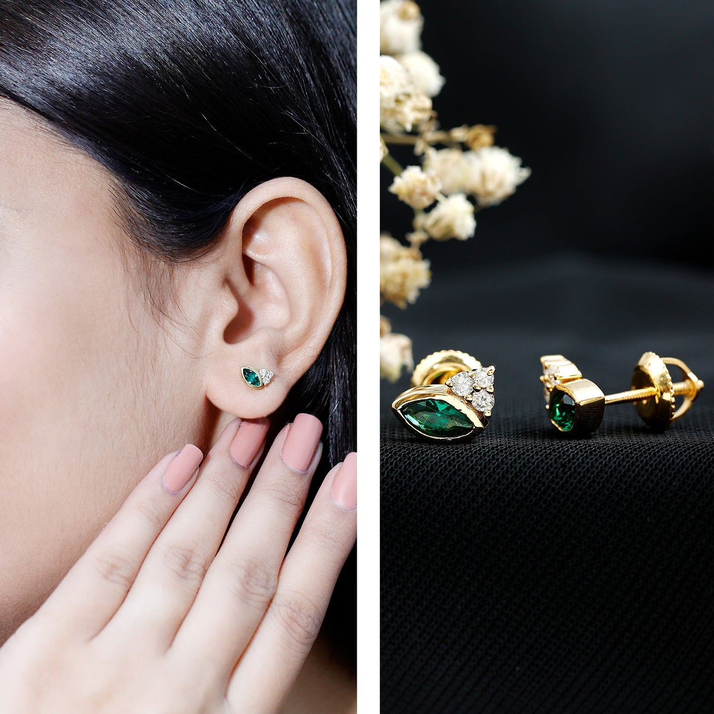 Marquise Shape 0.6 Carat Lab Grown Emerald Stud Earrings with Diamond Trio