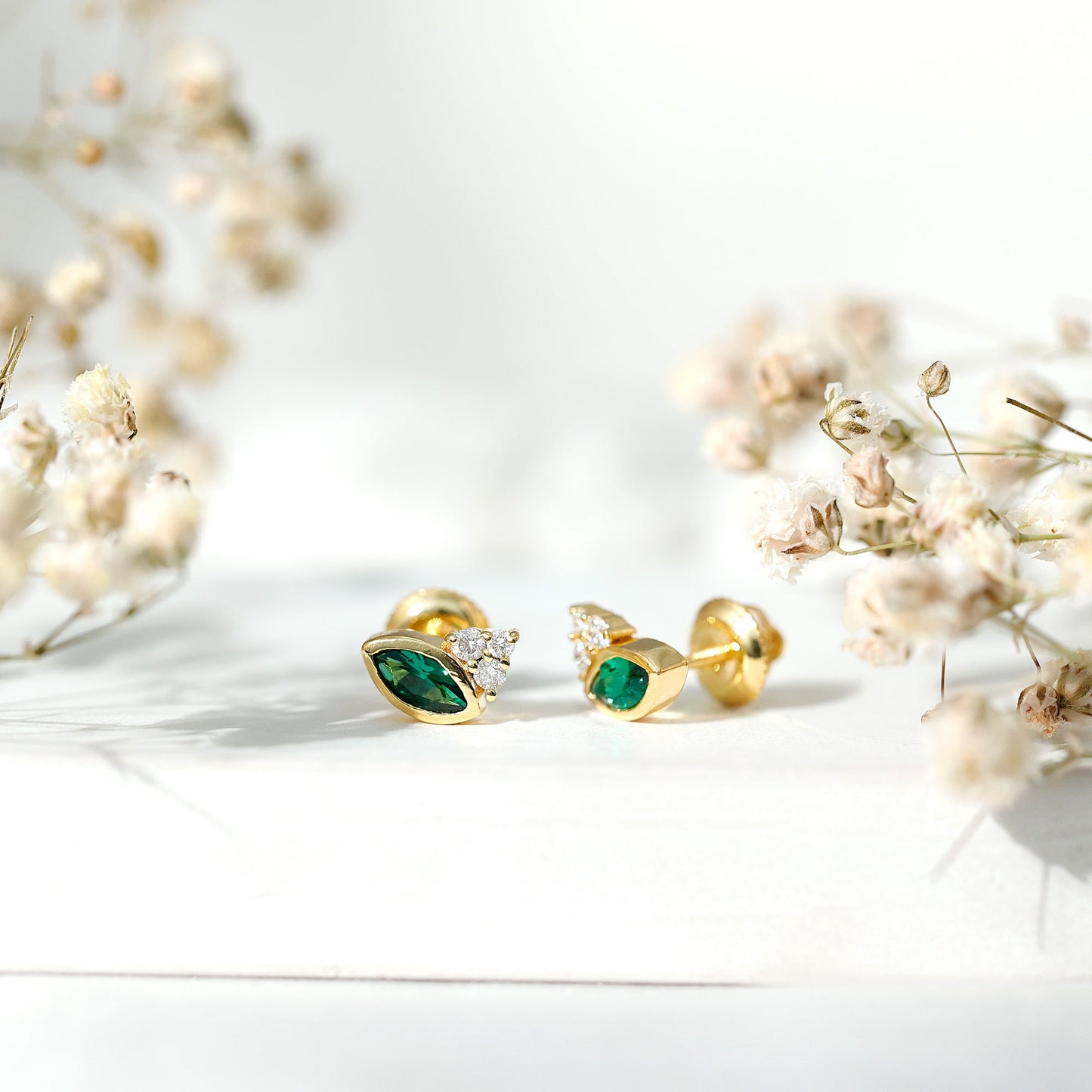 Marquise Shape 0.6 Carat Lab Grown Emerald Stud Earrings with Diamond Trio