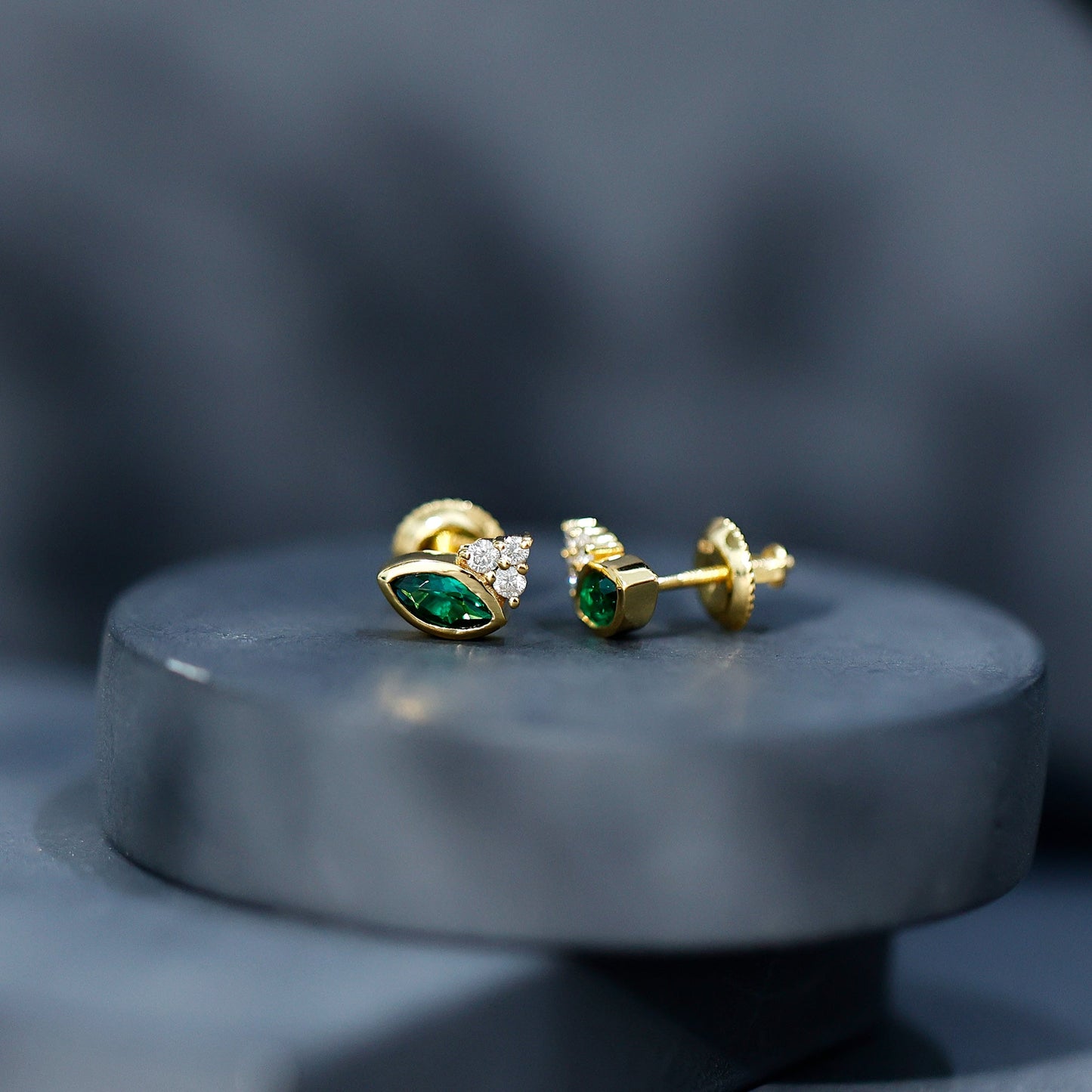Marquise Shape 0.6 Carat Lab Grown Emerald Stud Earrings with Diamond Trio