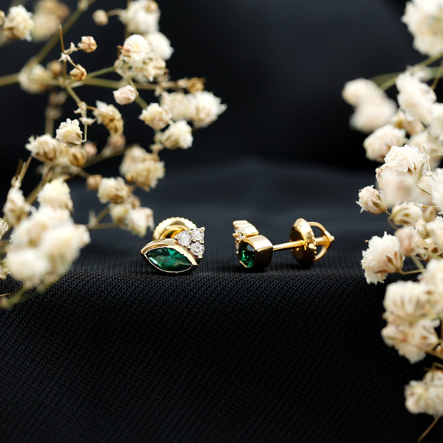Marquise Shape 0.6 Carat Lab Grown Emerald Stud Earrings with Diamond Trio