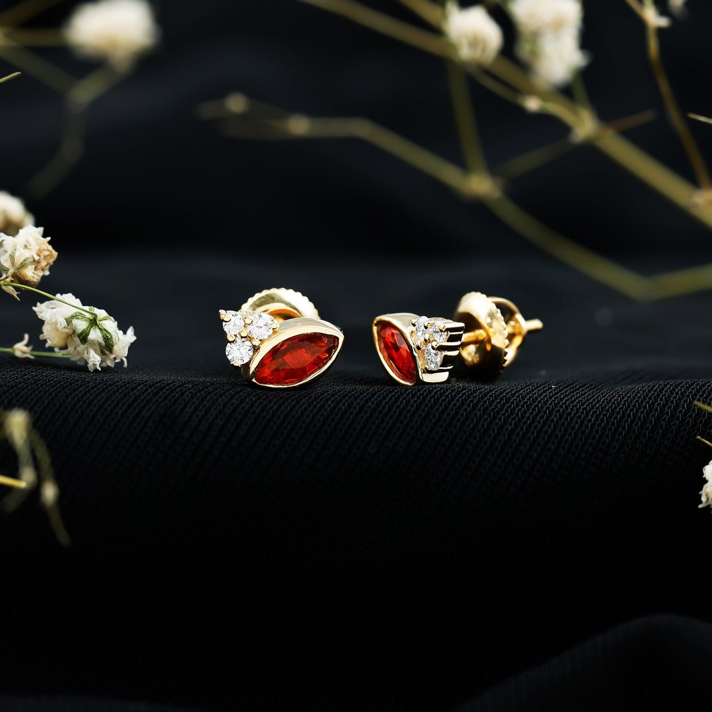 Real Half Carat Fire Opal Stud Earrings with Diamond
