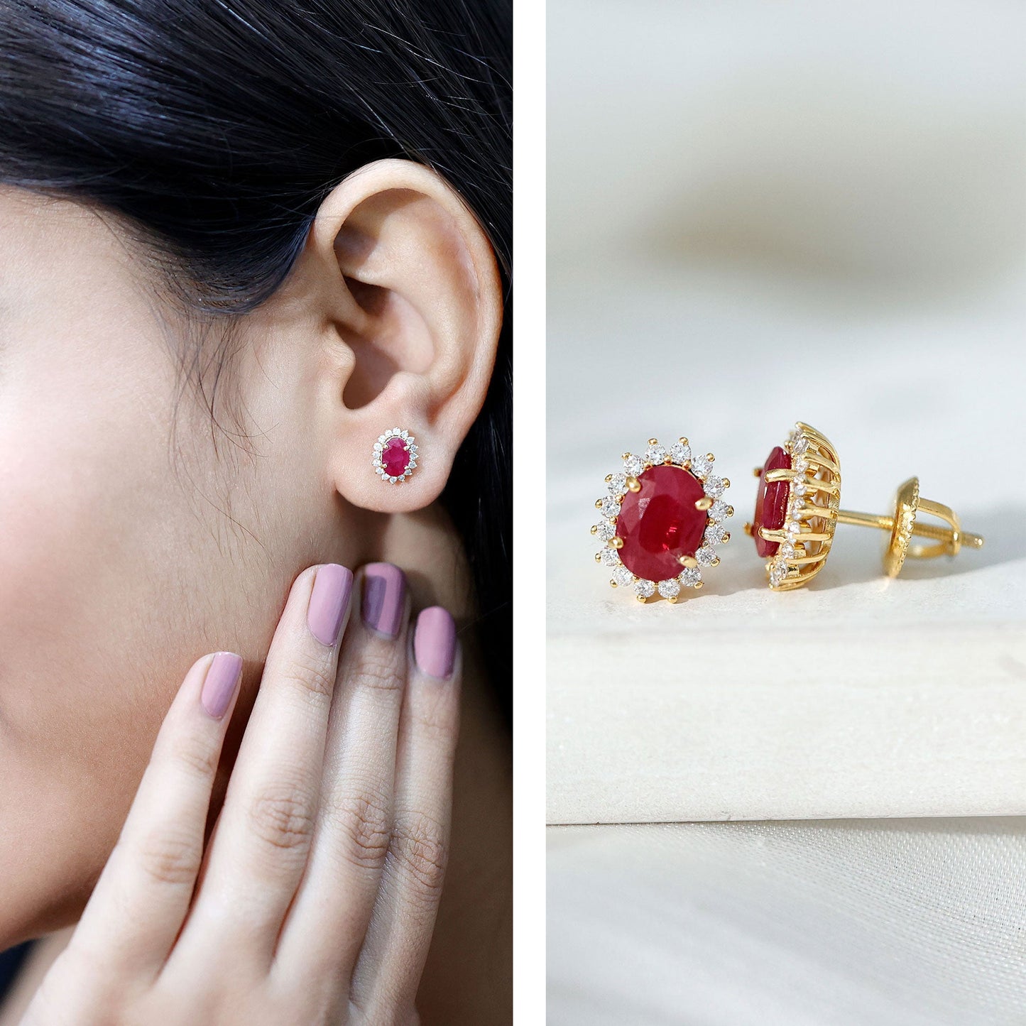 Natural 2 Carat Ruby Stud Earrings With Diamond Halo