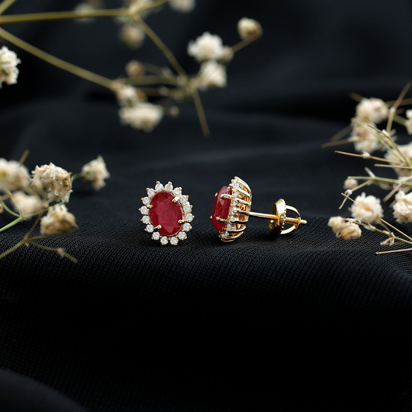 Natural 2 Carat Ruby Stud Earrings With Diamond Halo