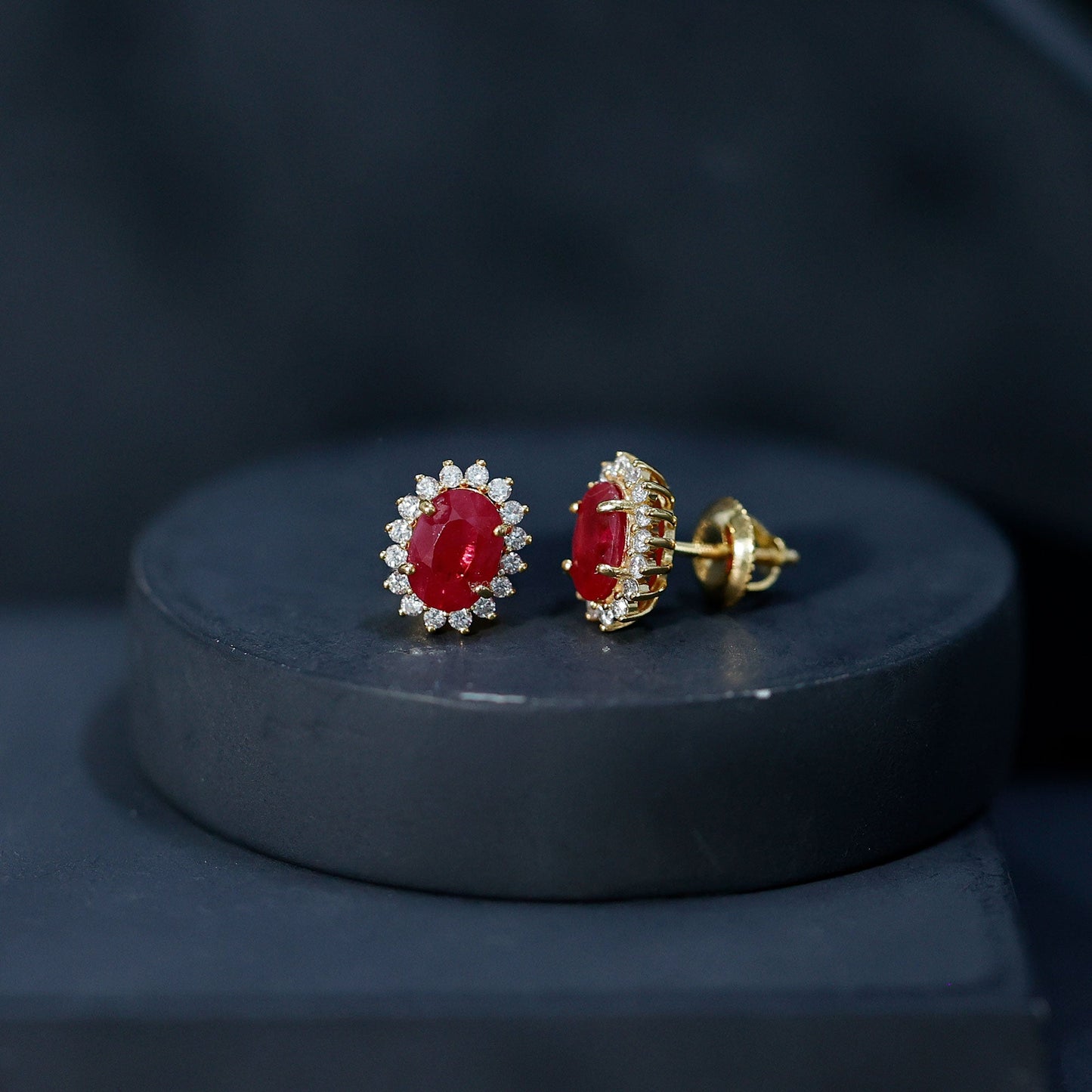 Natural 2 Carat Ruby Stud Earrings With Diamond Halo
