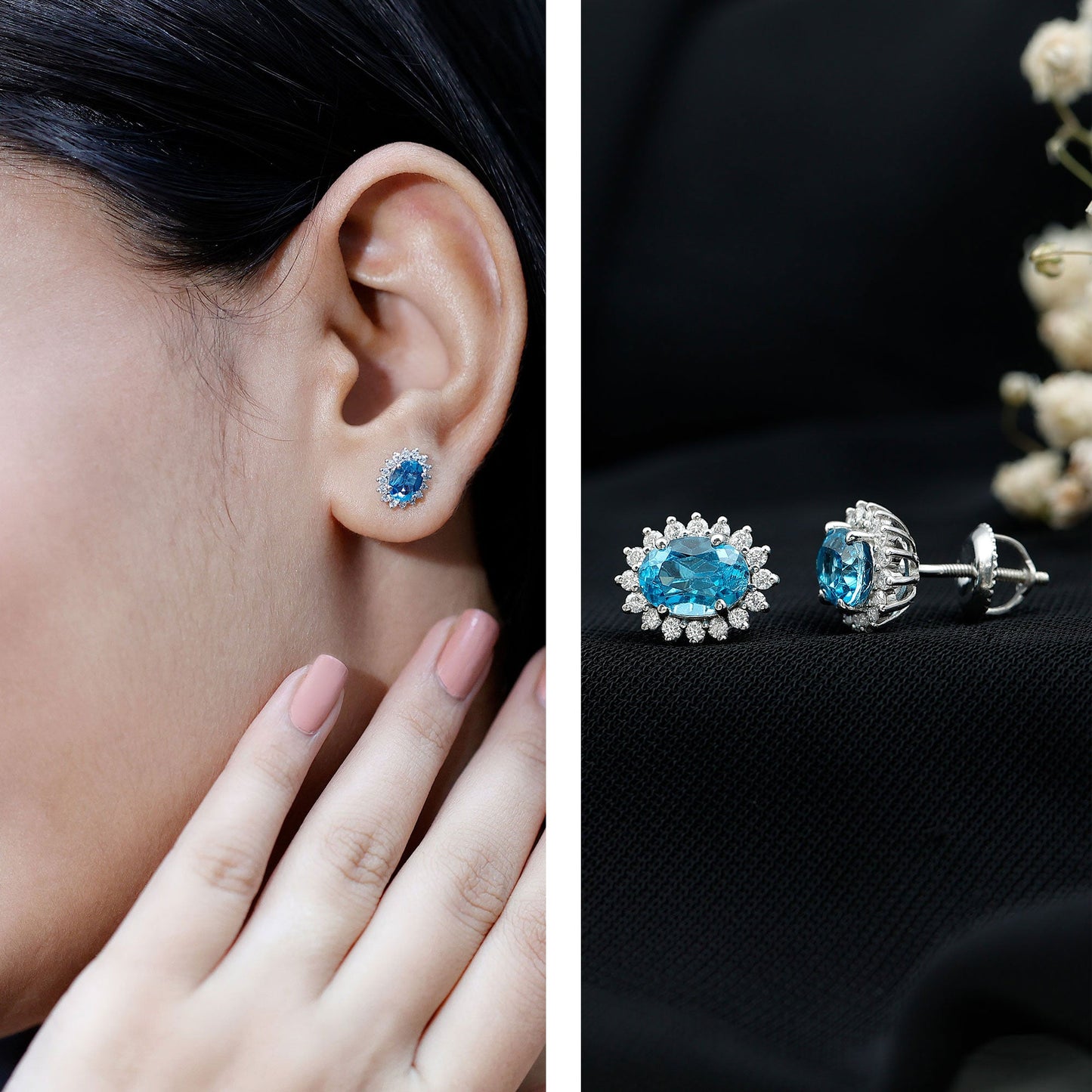 1.6 Carat Oval London Blue Topaz Stud Earrings with Diamond Halo
